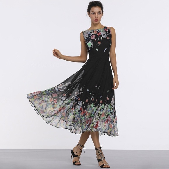 Xiaolizi Dresses & Skirts - Floral Boat Neckline Sleeveless Midi A-line Dress